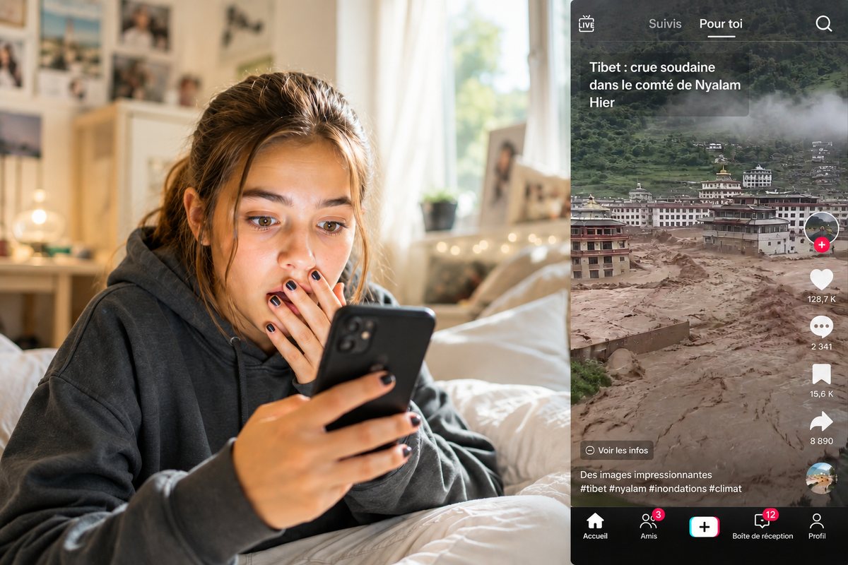Jeune femme découvrant une vidéo d'inondation sur son téléphone