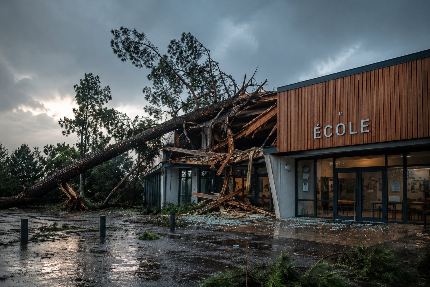 École endommagée par la chute d'un arbre après une tempête