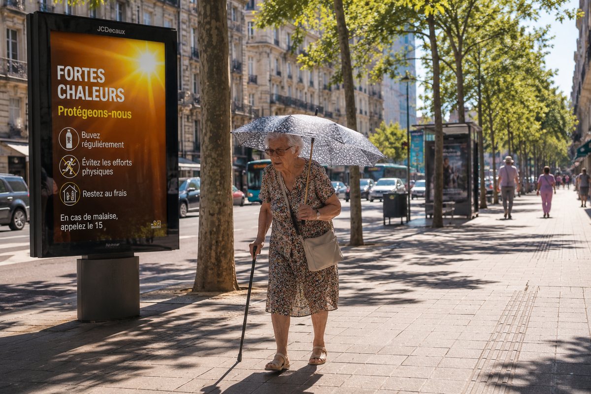 Panneau urbain d'alerte fortes chaleurs sur un boulevard parisien